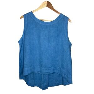 Cut Loose Blue Sleeveless Hanky Linen Hi Low Tank Top Coastal Lagenlook Beachy